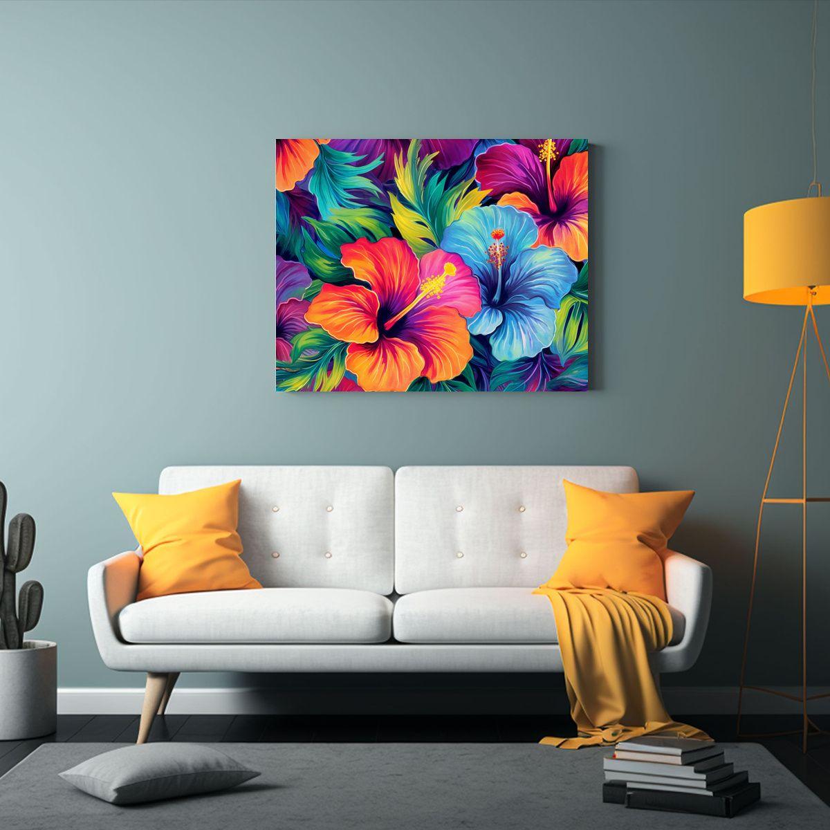 Cuadro Composición Salón Tropical Hibiscus, Colorido Vivo  90x60cm-2