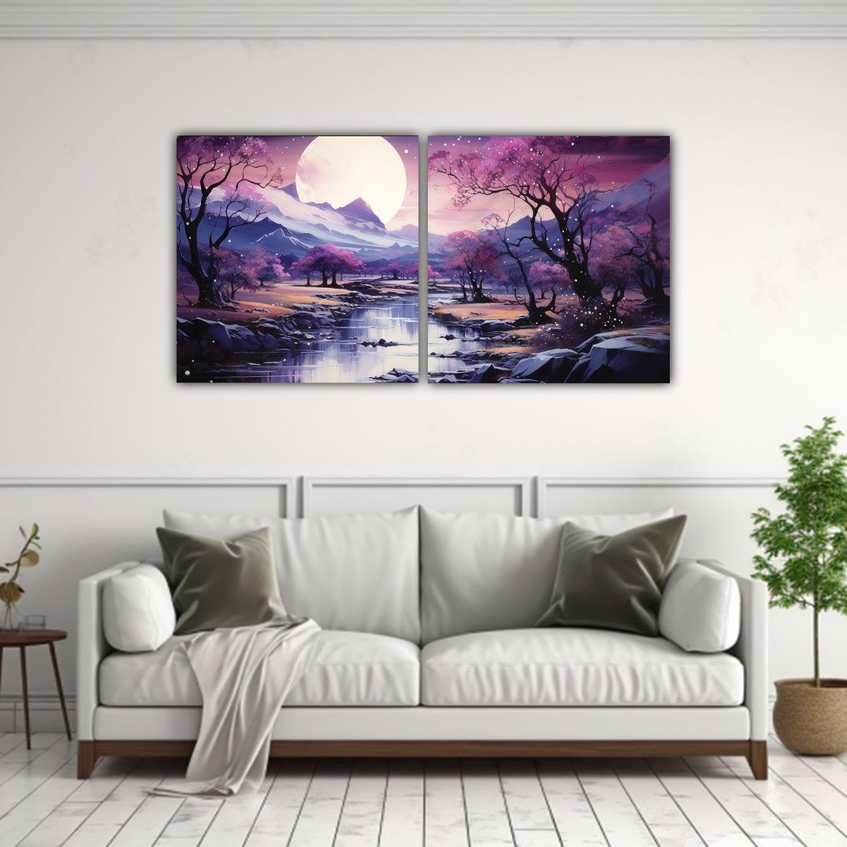 Pintura Diptico Movimiento Para Comedor Con Luna 140x70 Cm-2