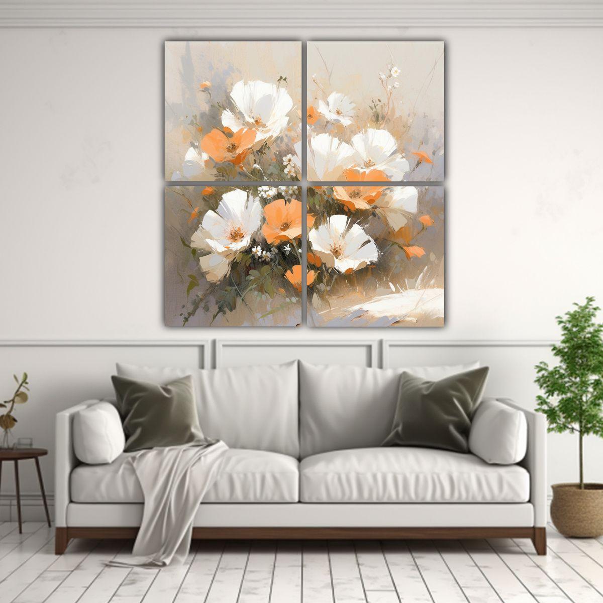 Cuadro De Flores Blanco Y Naranja En Lienzo 40x40 Cm-2