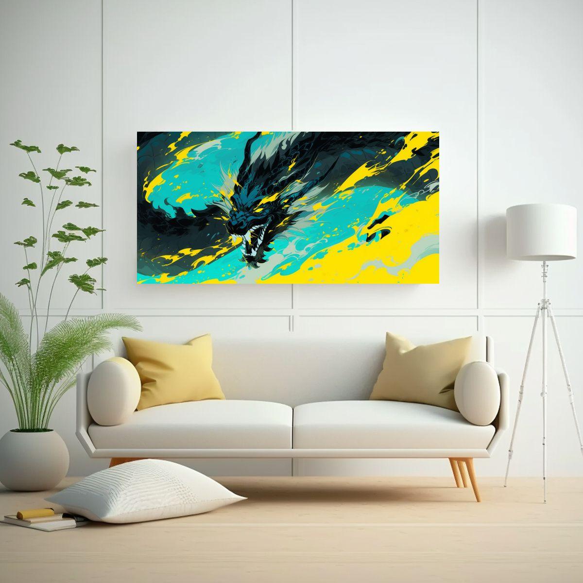 Cuadro Calidos Relieve Dragon Amarillo Y Turquesa  120x60cm-2