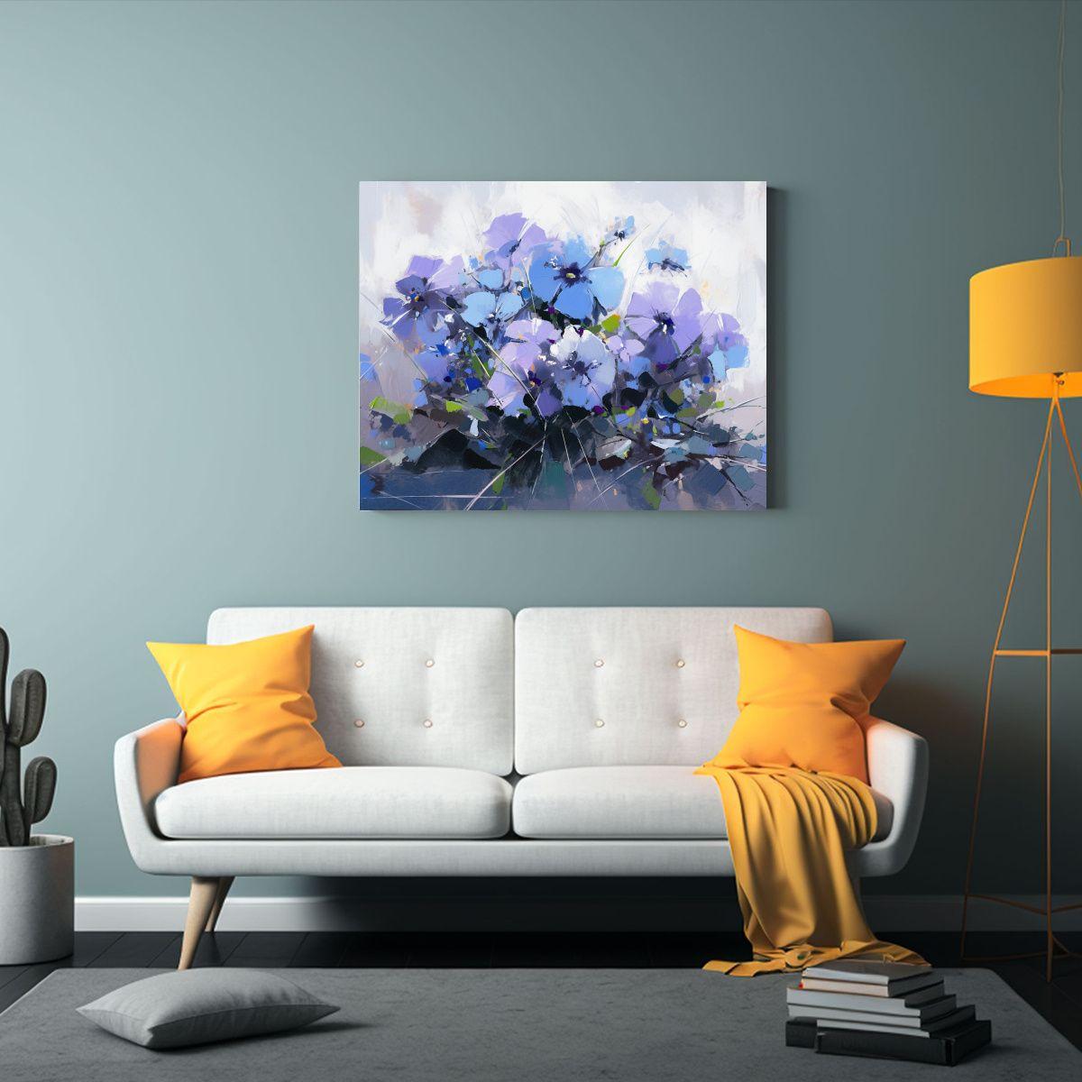 Pintura Sobre Lienzo De Flores En Colores Púrpura Y Azul. 40x30cm-2