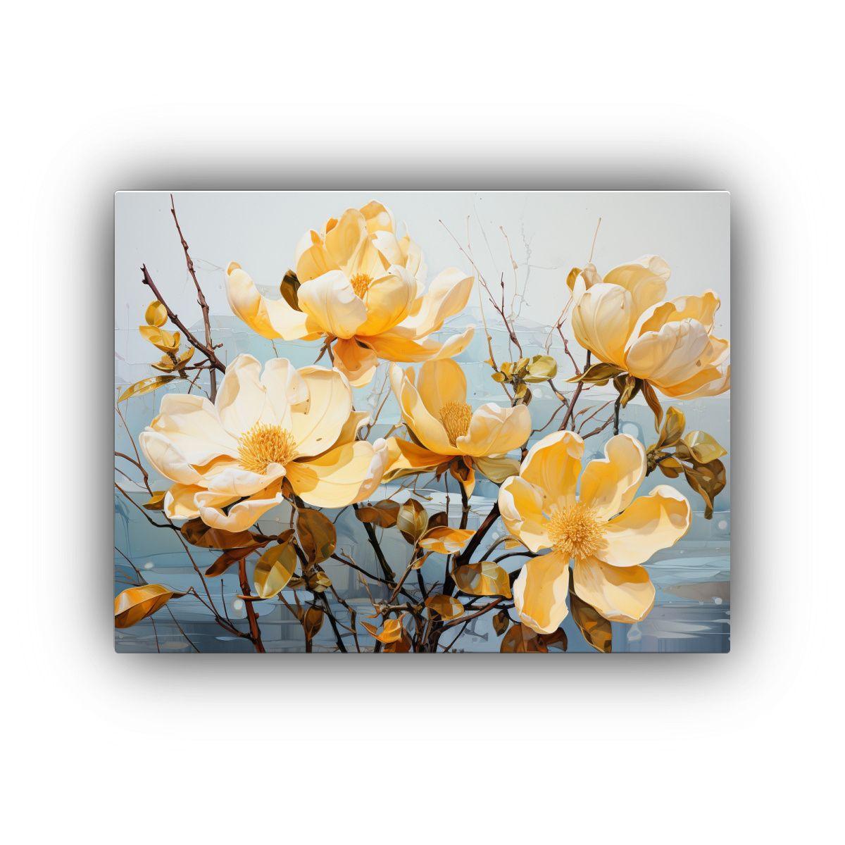 Pintura Abstracta De Magnolias Amarillas En Tela: Concepto E 90x60cm-0