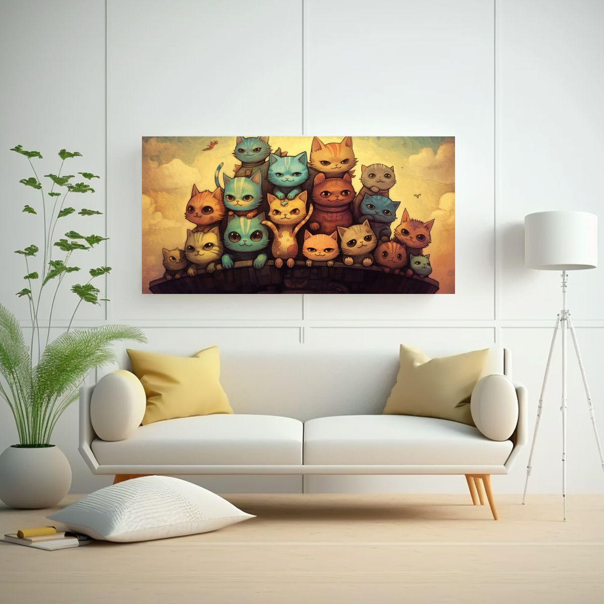 Cuadro Acuarela Gatos En Montón De Colores 140x70cm-2