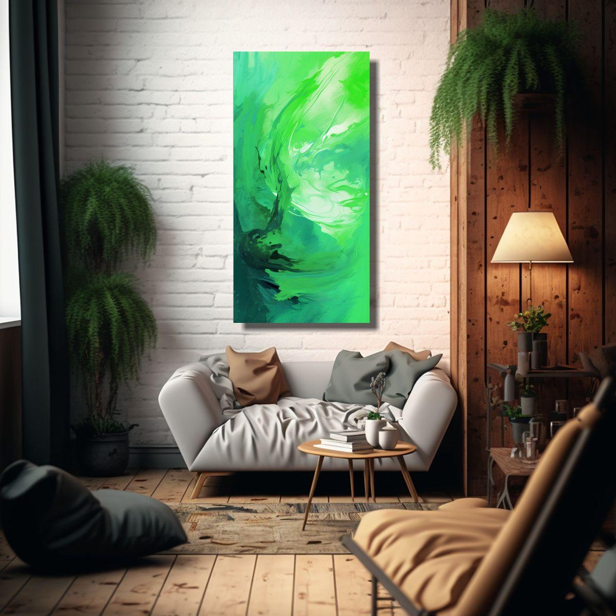 Cuadro Abstracto Verde De Lienzo Para Decoración 40x80cm-2