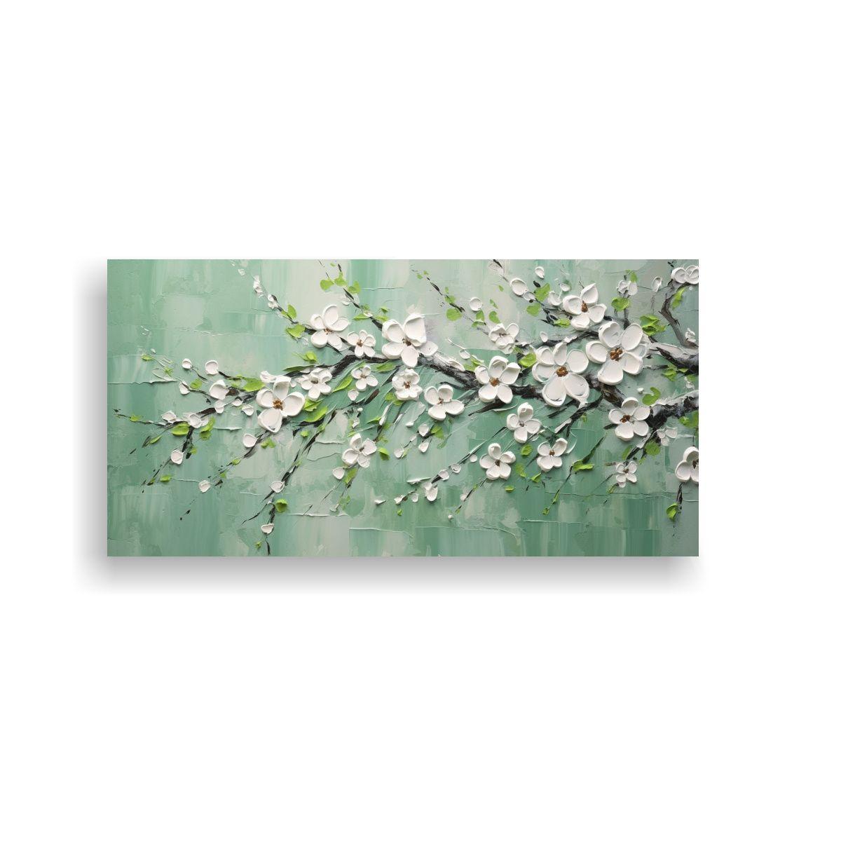 Pintura En Lienzo De Flores De Cerezo Verde: 40x20cm-0