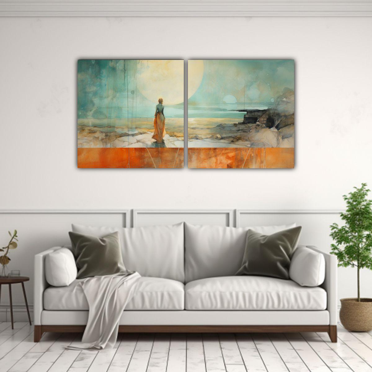 Pintura Decorativa Armonía En Naranja, Turquesa 100x50 Cm-2