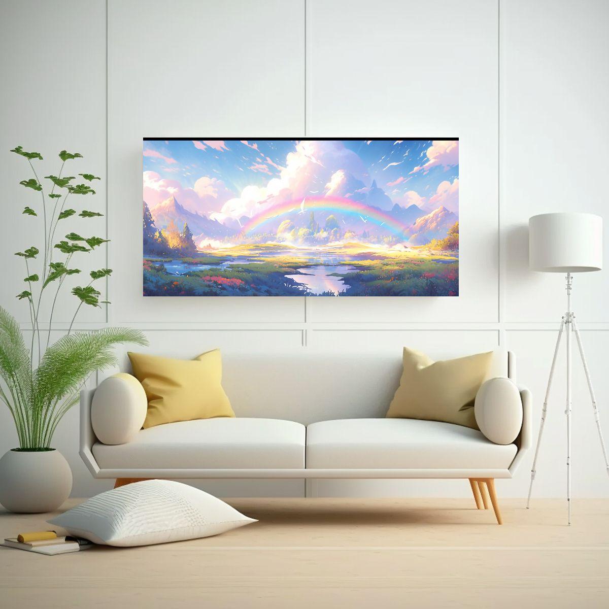Paisaje Abstracto Con Arco Iris Y Colores Blancos 140x70cm-2