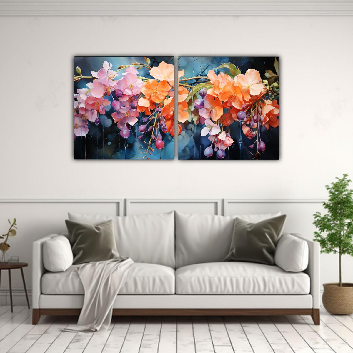 Pintura Abstracta Con Flores De Glicinia Naranja 60x30 Cm-2