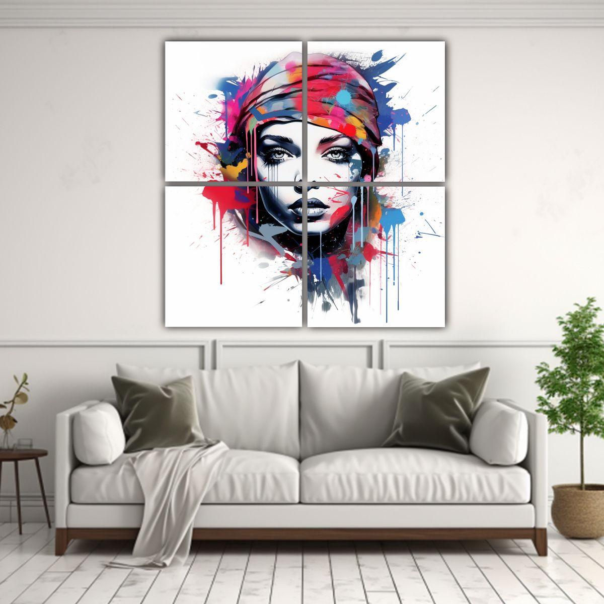 Cuadro Graffiti Mujer Fondo Blanco Colores 140x140 Cm-2