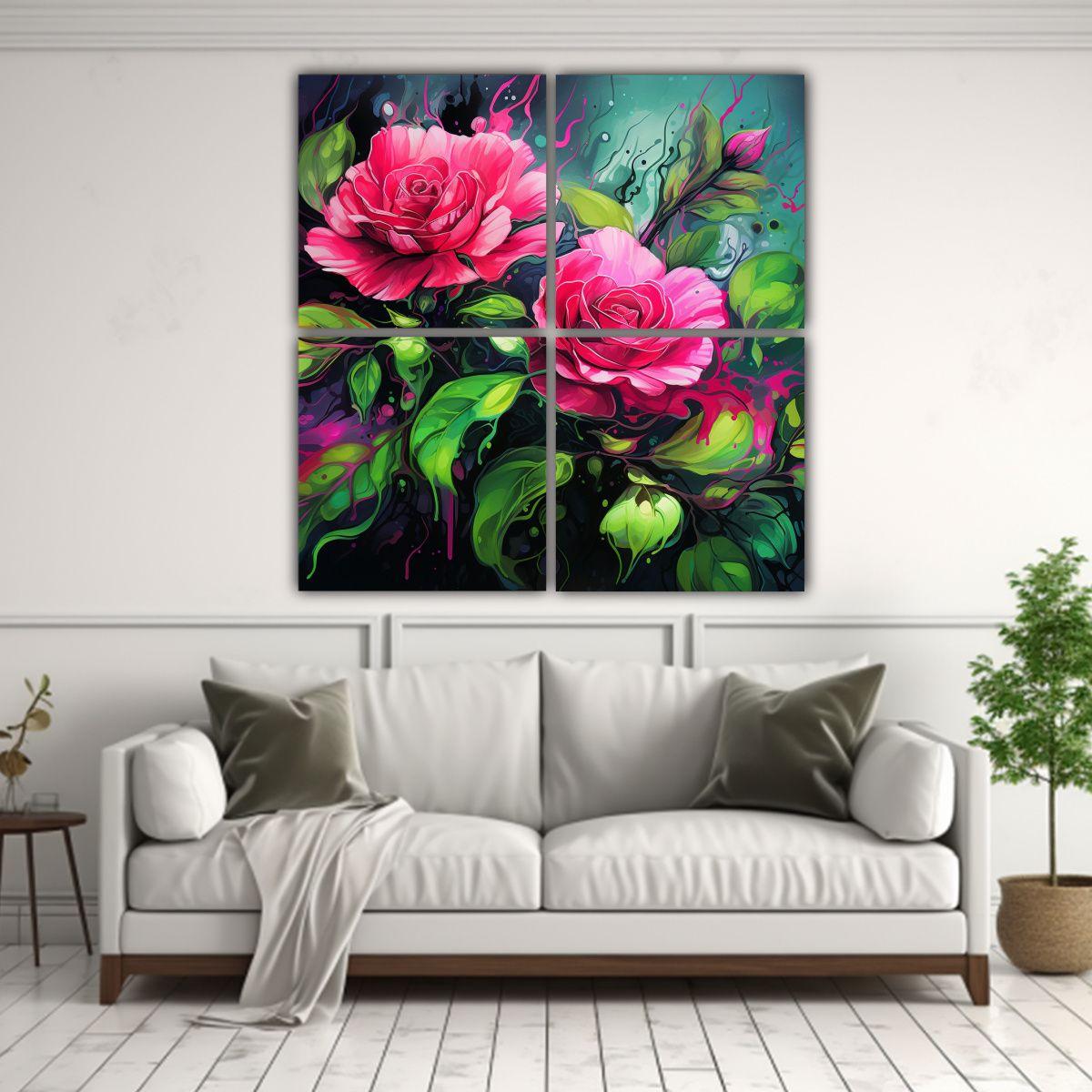 Cuatro Artes Composición Simétrica Verde Y Rosa 60x60 Cm-2