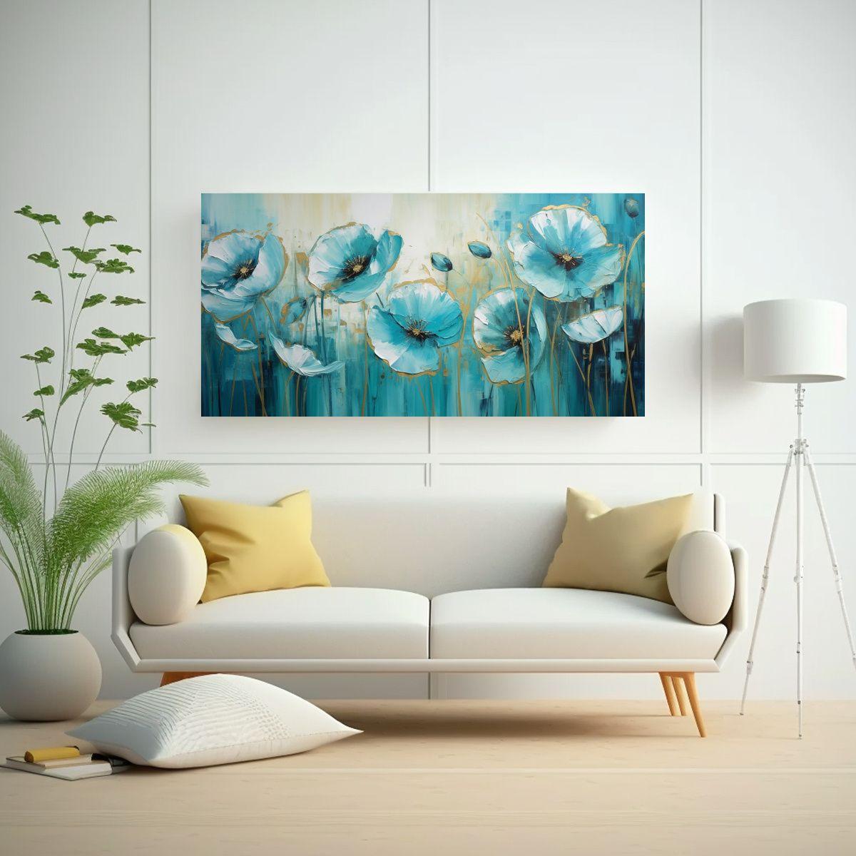 Pintura En Lienzo De Amapolas Turquesa En Estilo 100x50cm-2