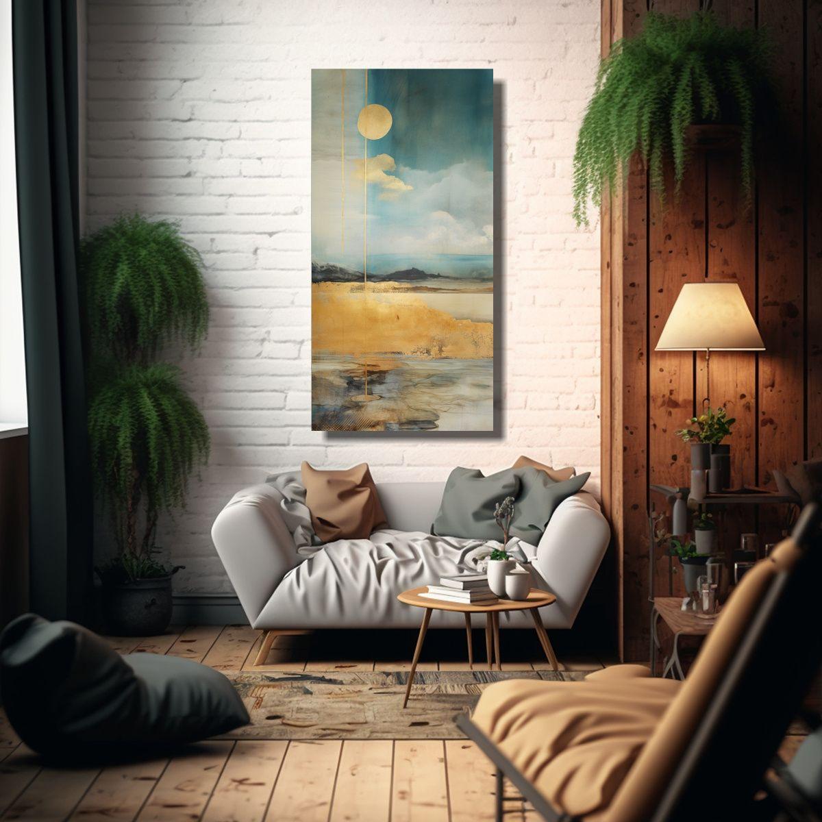Cuadro De Vanguardia Para Sala En Acuarela Dorada, 70x140cm-2