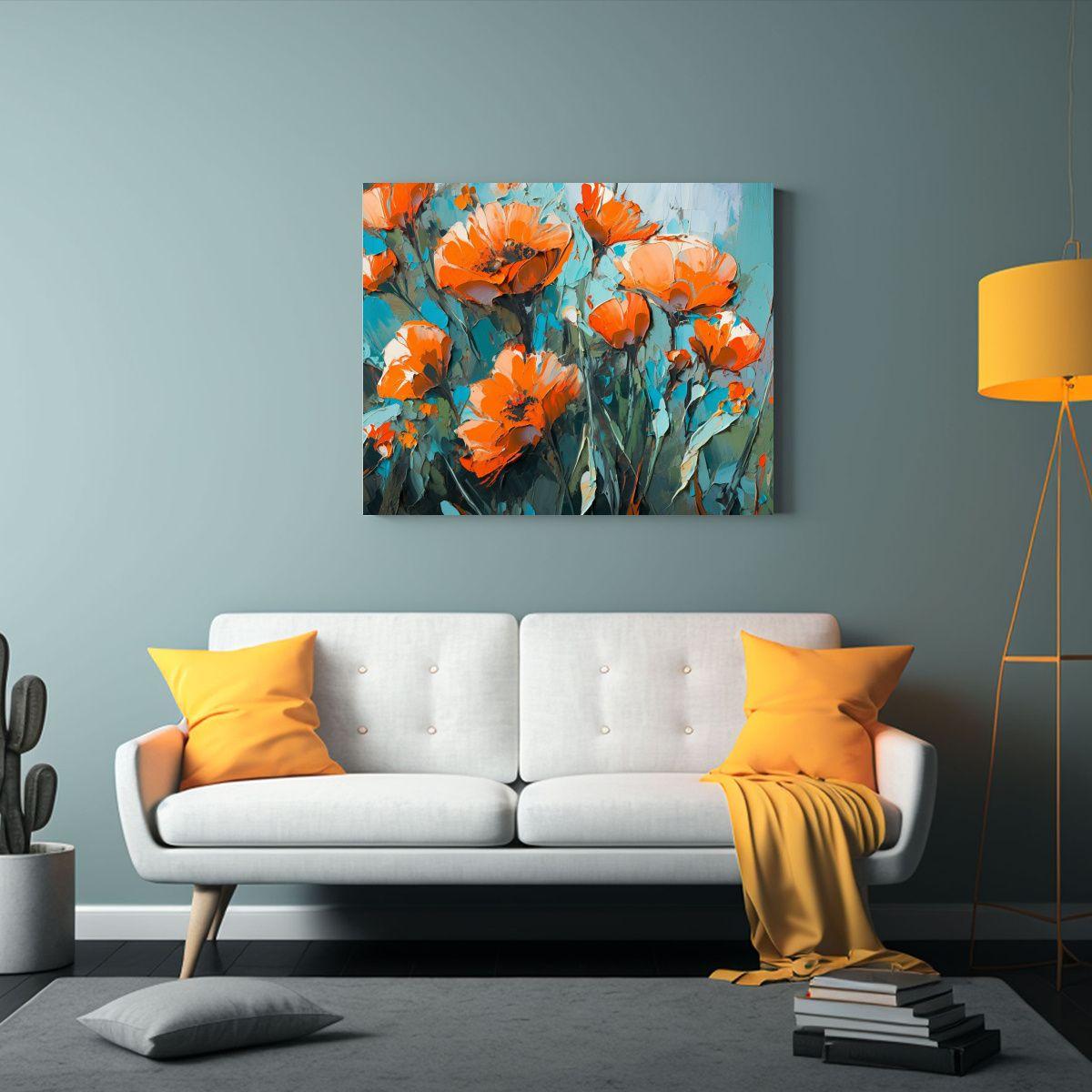 Pintura Floral Vintage En Lienzo: Comedor En Colores Turques 120x80cm-2