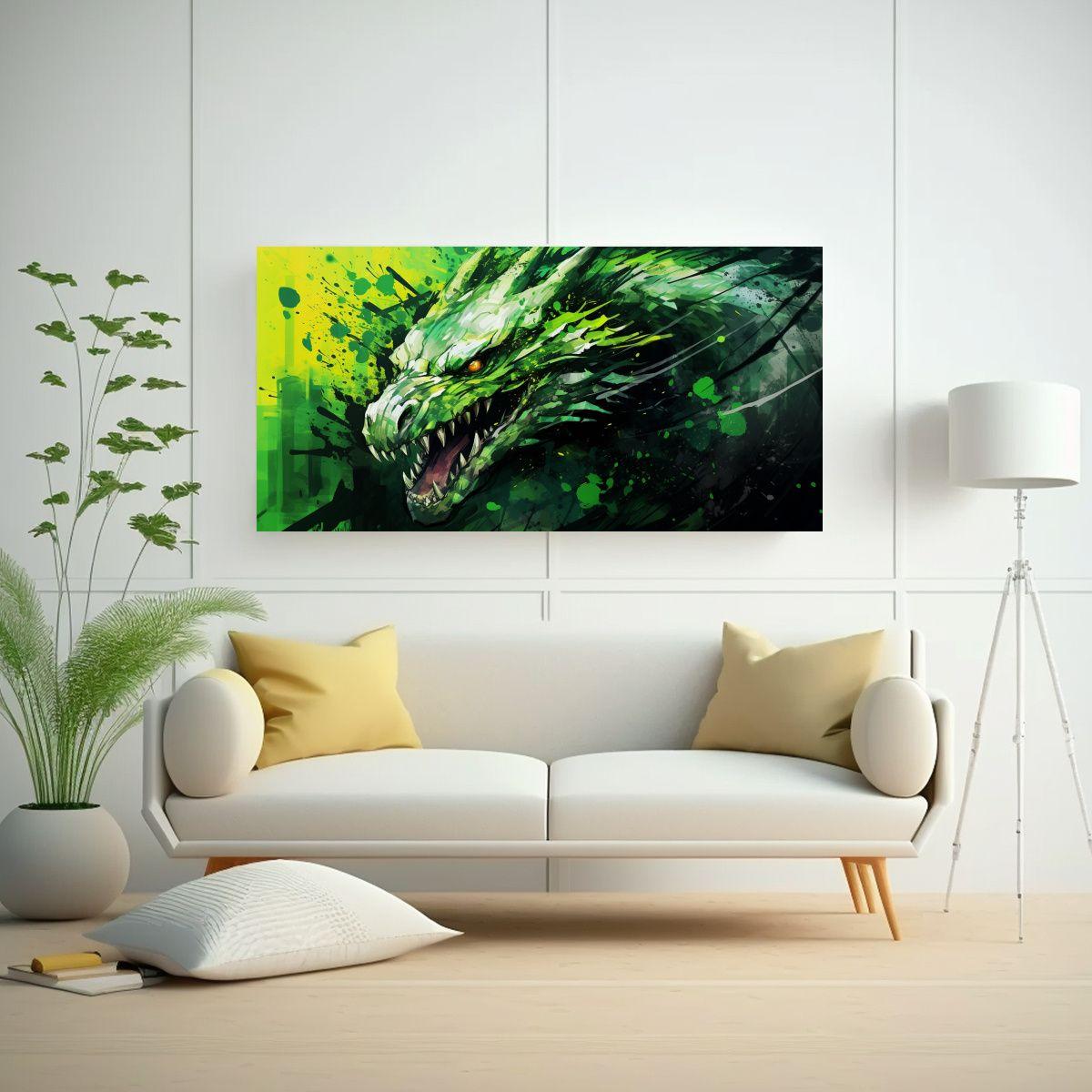 Pintura Lienzo Juvenil Dragón Verde Atmósfera 100x50cm-2
