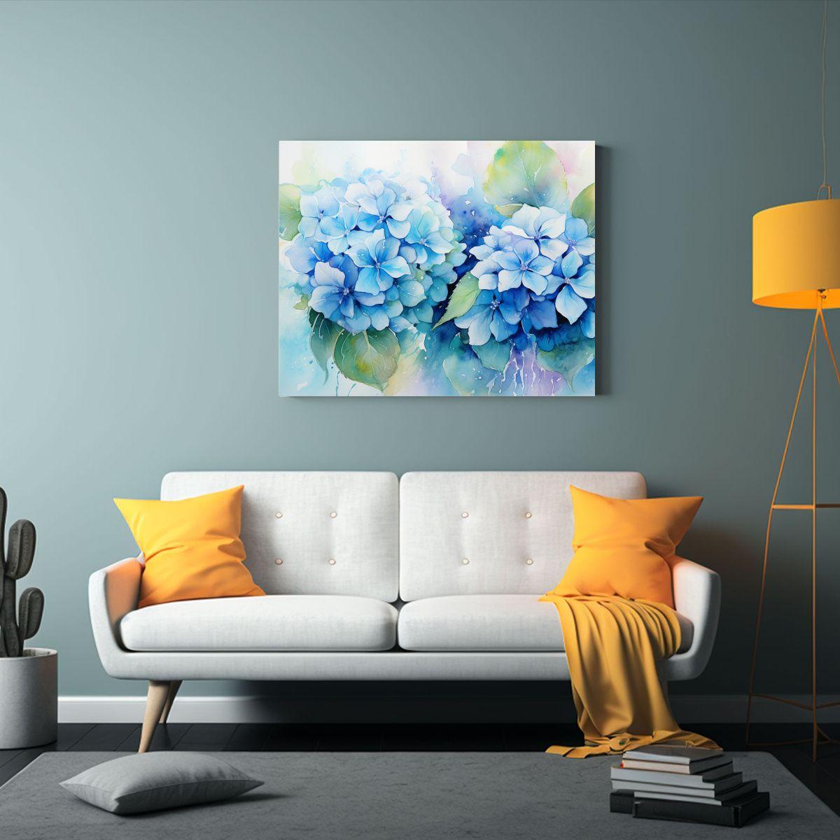 Pintura Mural Hermosa De Hortensias En Tonos Turquesa Y Azul 60x40cm-2