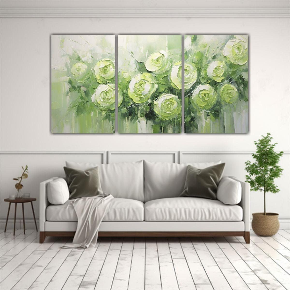 Cuadro Tela Diseño Textura Rosas Verdes Estilo 90x45 Cm-2