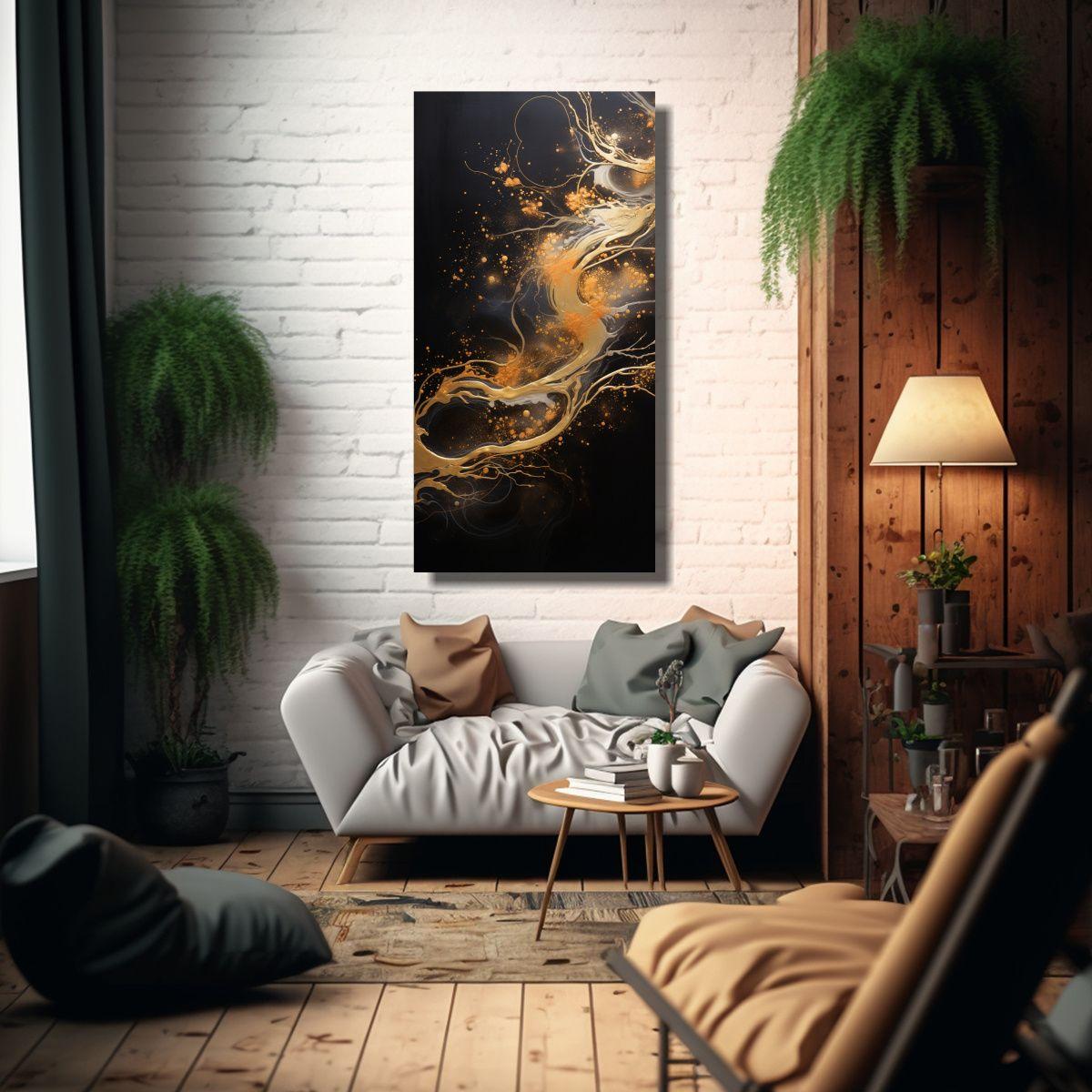 Lienzo De Tela Impreso Surrealista En Negro Dorado 80x160cm-2