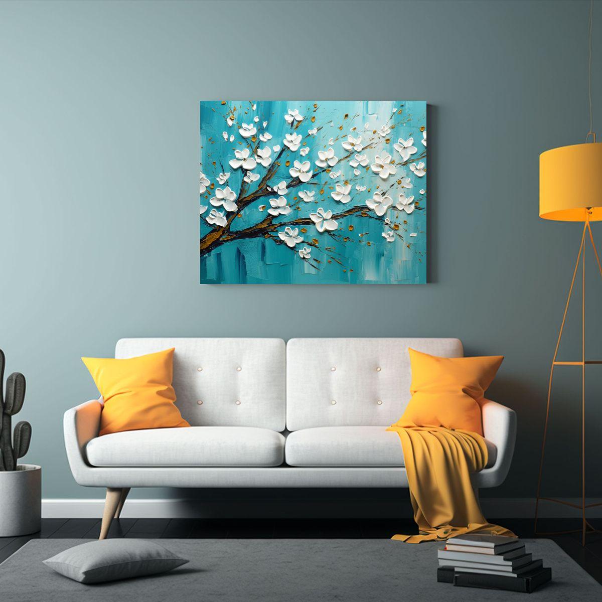 Pintura De Flores En Tonos Verde Azulado Estilo Decorativo H 40x30cm-2