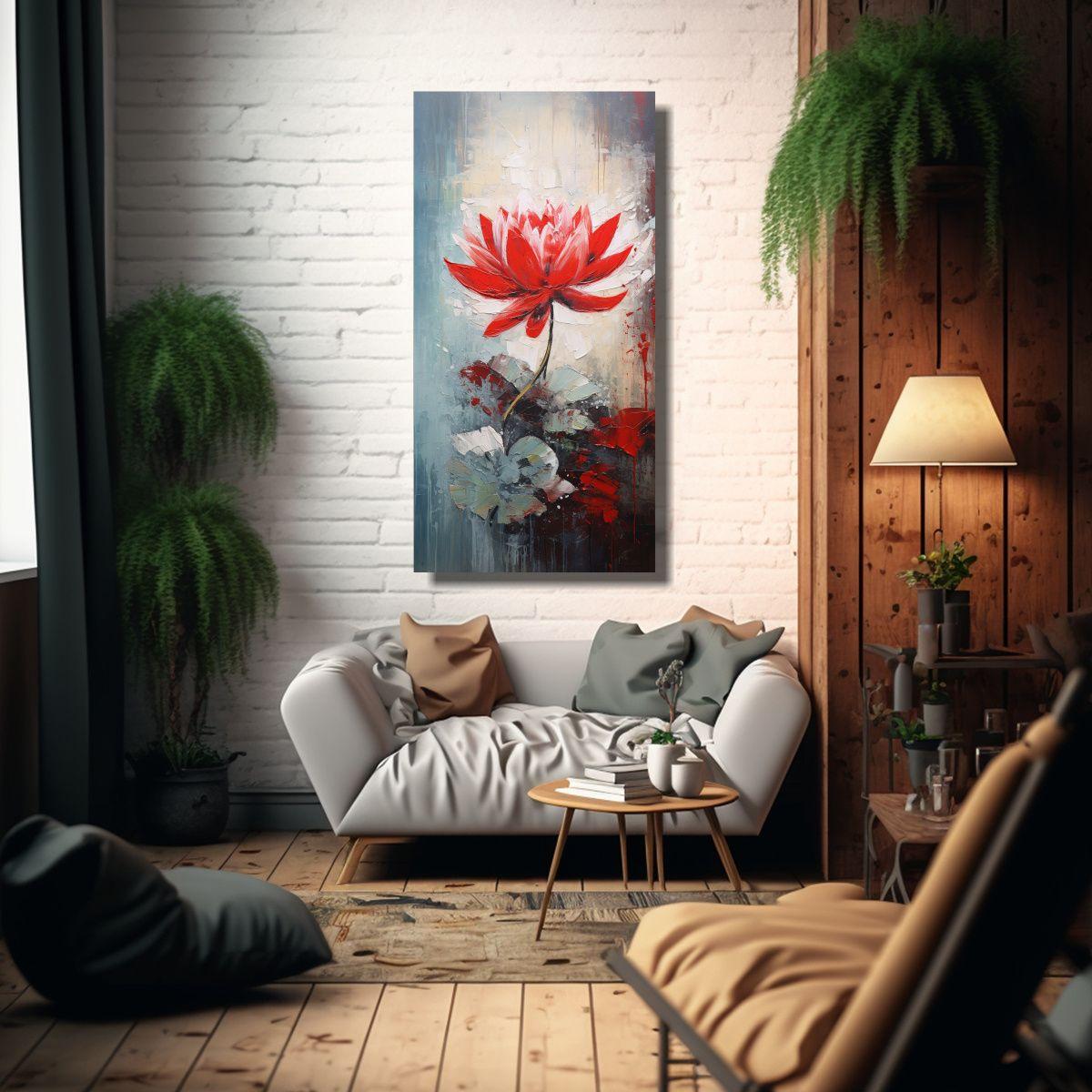 Pintura Vintage Intenso De Loto Rojo En Lienzo 50x100cm-2