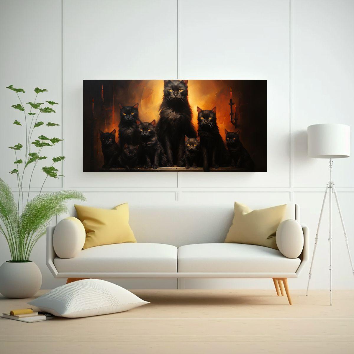 Pintura De Ambiente Con Gatos Negros En Una Pila 100x50cm-2