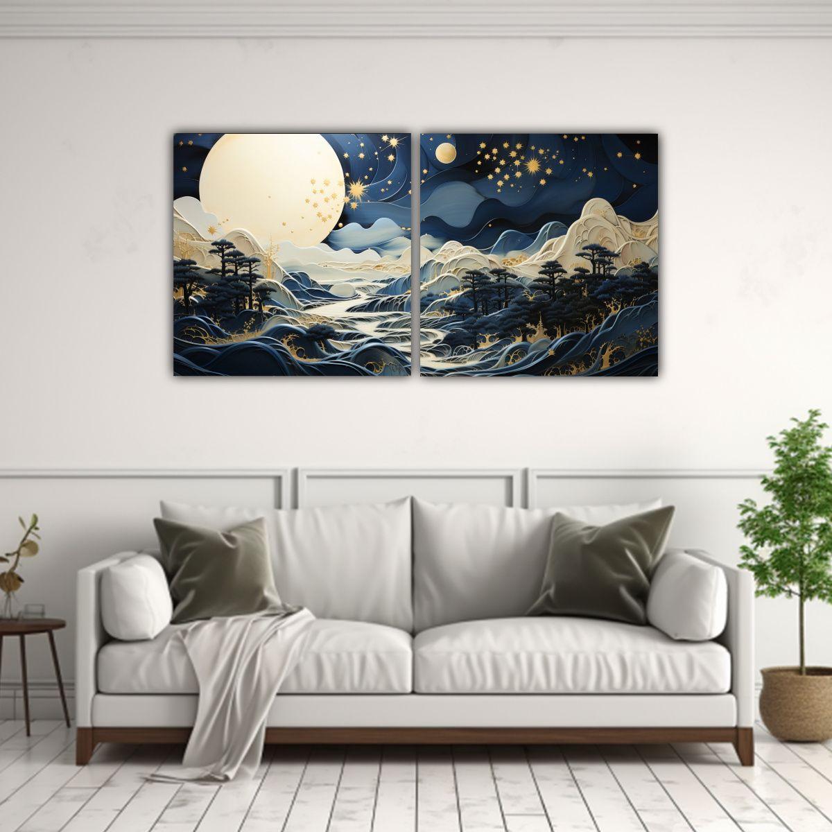 Dos Composiciones Modernas Con Luna Y Montañas 60x30 Cm-2