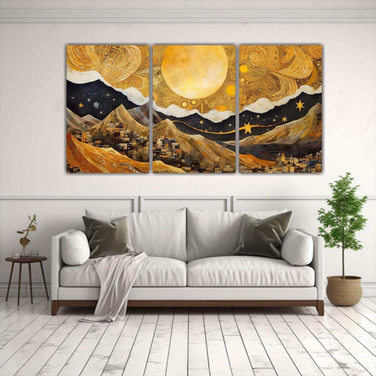 Tríptico Montaña Con Luna Pintura Estética 180x90 Cm-2