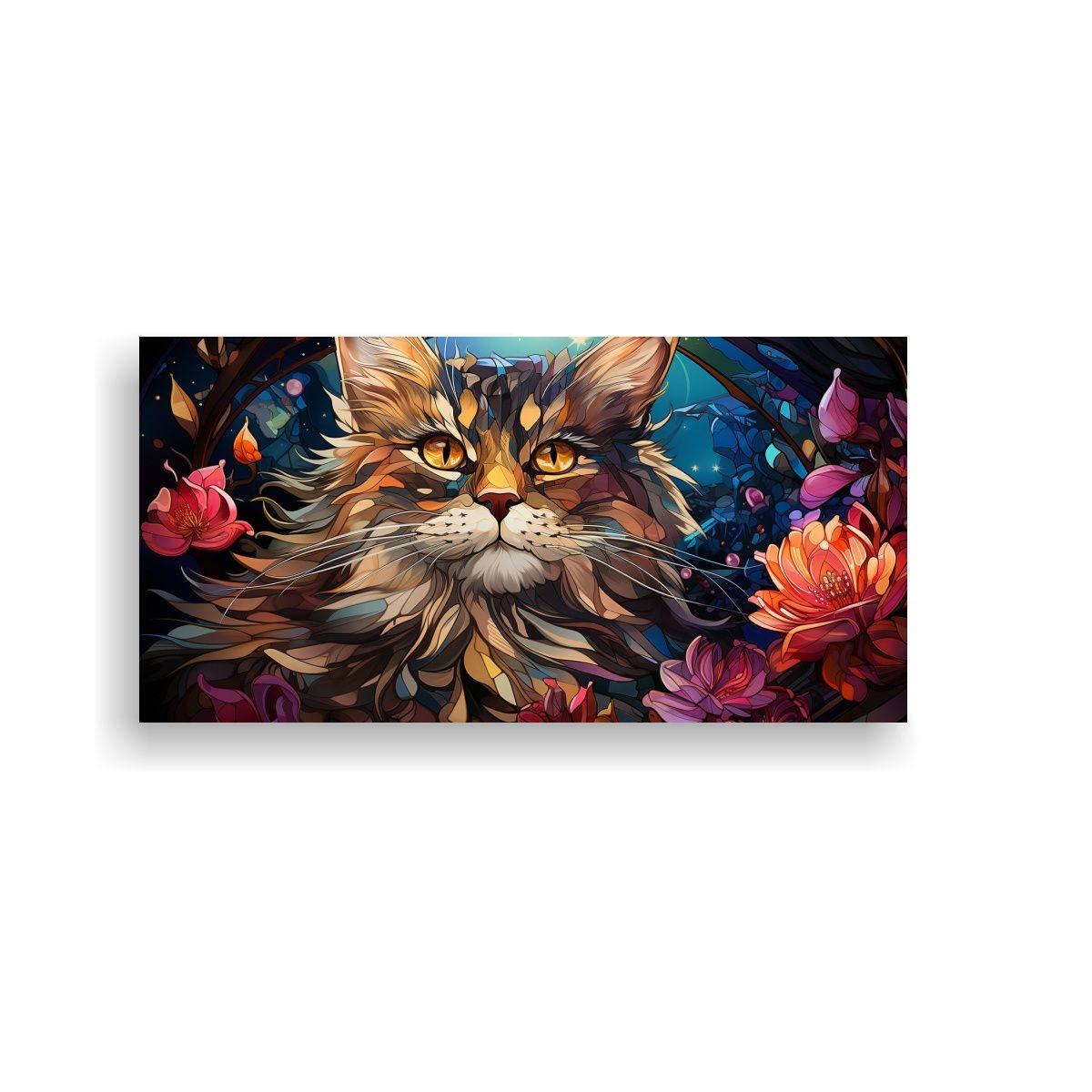 Pintura Sobre Lienzo De Gato Sonriente En Vitral: 120x60cm-0