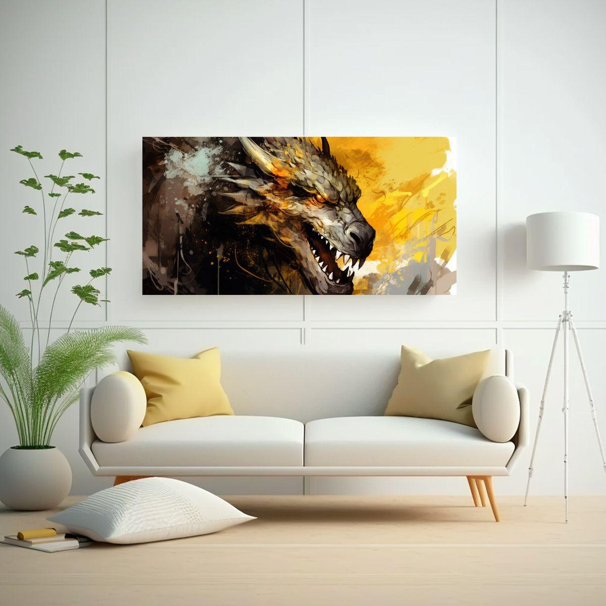 Cuadro De Dragón Amarillo Y Oro En Atmosfera Neon 80x40cm-2