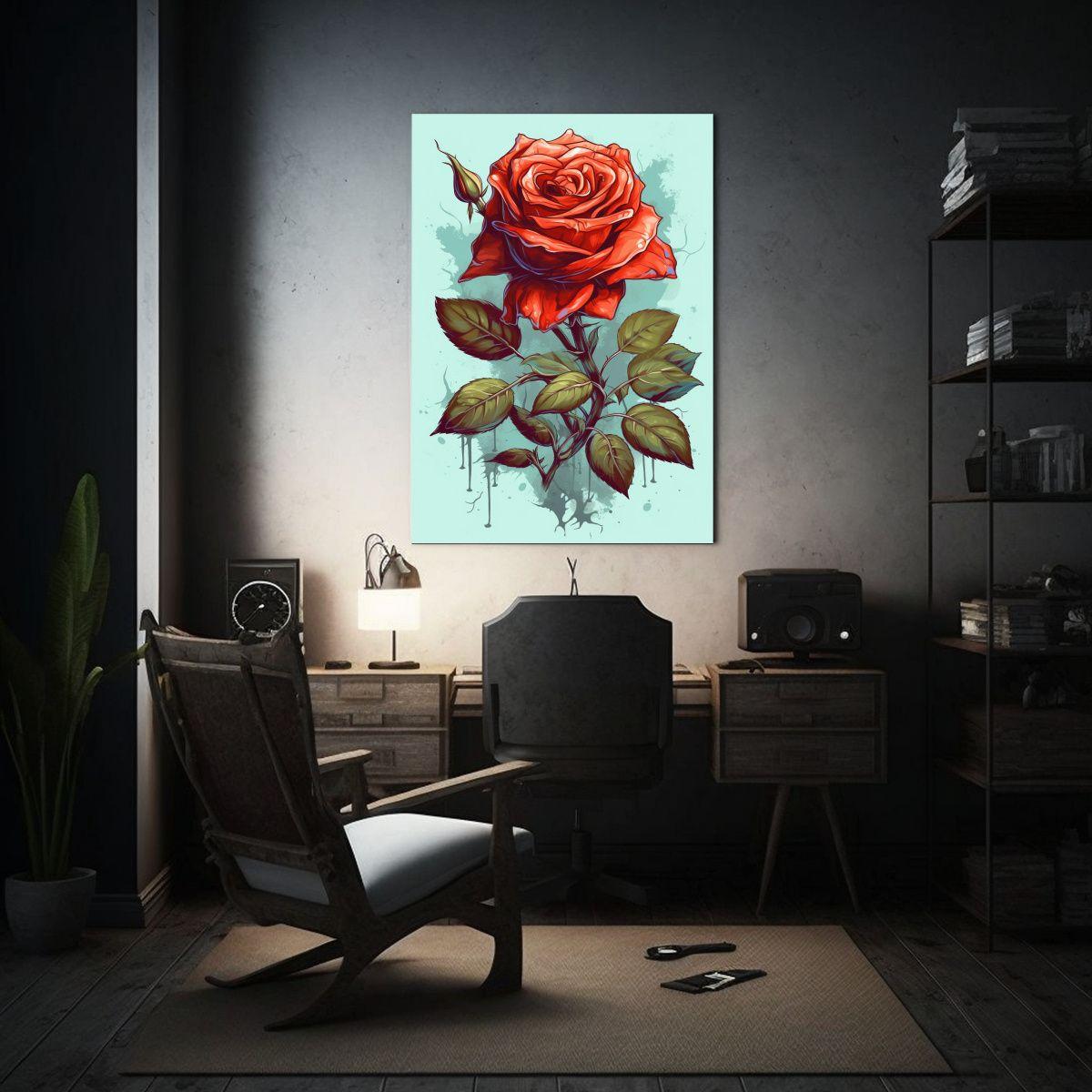 Cuadro De Una Hermosa Rosa Roja Con Hojas Verdes 80x120cm-2