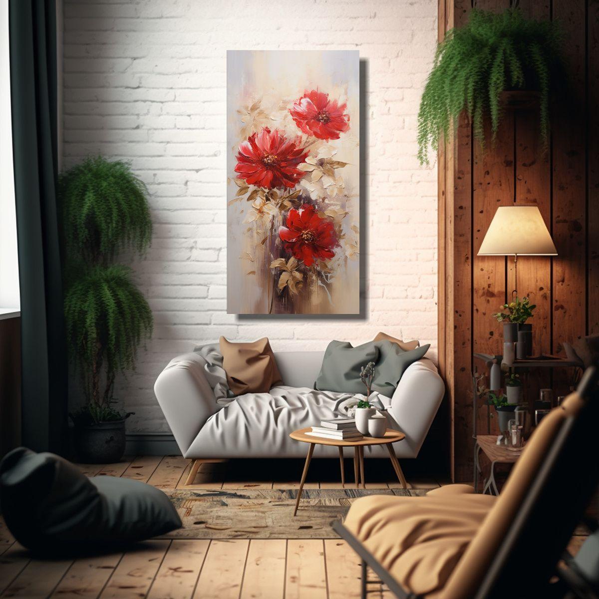Cuadro Vertical De Flores Rojas Y Doradas En 40x80cm-2