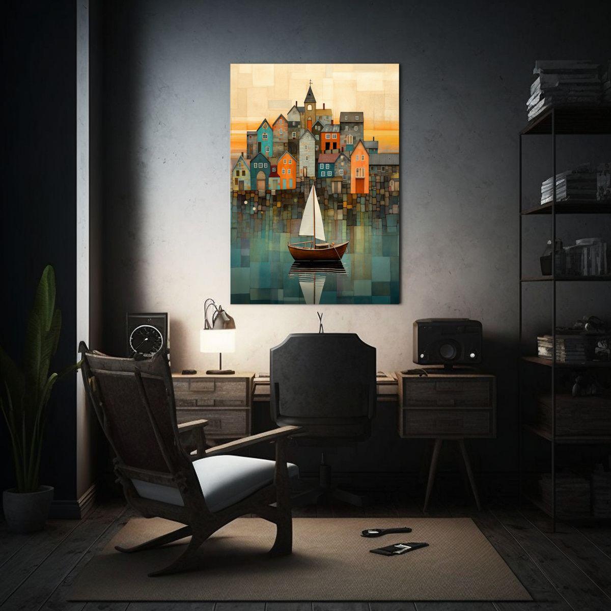 Cuadro Sublimado Con Barco Y Casas Al Lado En Tela 40x60cm-2
