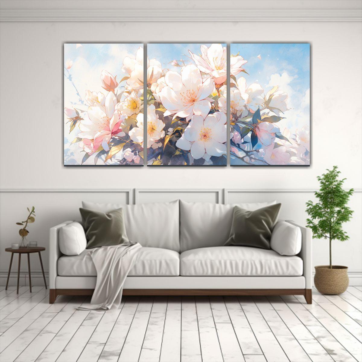 Tres Lienzos Expresión Comedor Magnolias Pastel 120x60 Cm-2