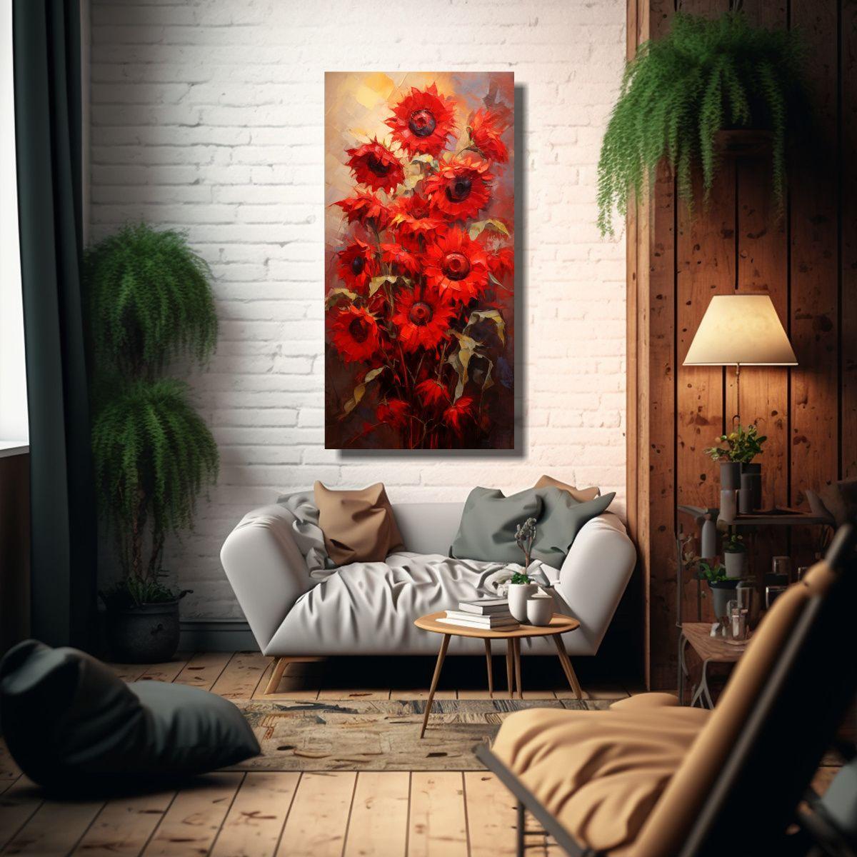 Cuadro De Flores Solares Rojas En Lienzo Estilo 30x60 Cm-2
