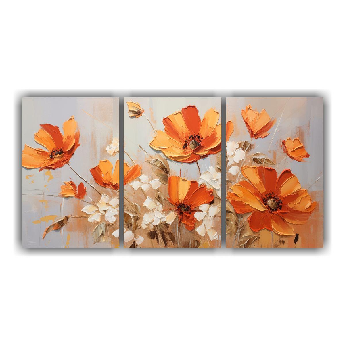 Pintura Mural De Flores En Tonos Naranja Y Dorado 150x75 Cm-0