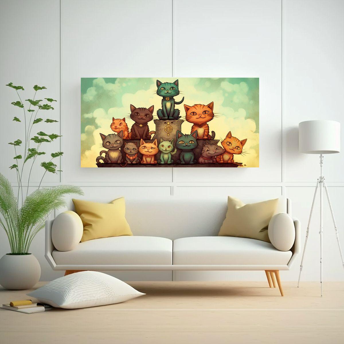 Cuadro De Gatos En Colores Intensos Sobre Montón. 60x30cm-2