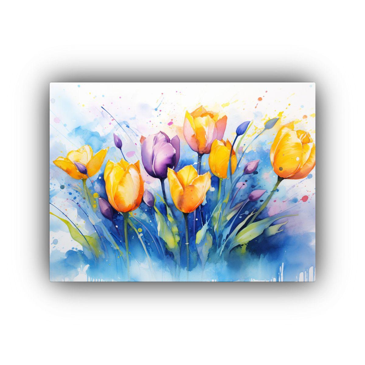 Pintura Abstracta De Tulipanes Amarillos Y Azules 45x30cm-0