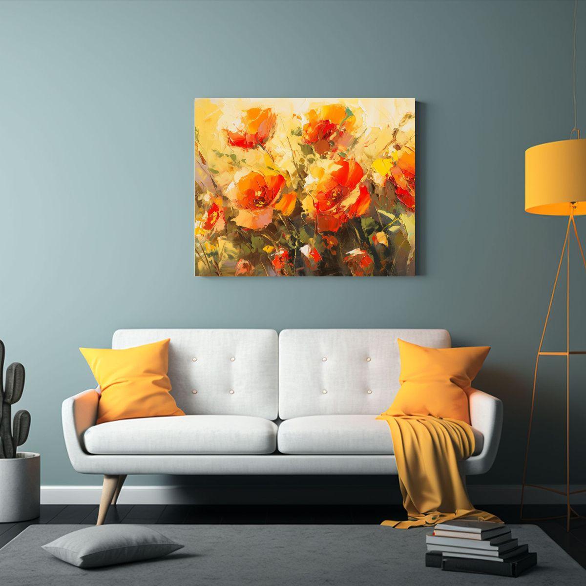 Pintura En Lienzo Con Flores Amarillas Y Rojas En Bastidor V 30x20cm-2