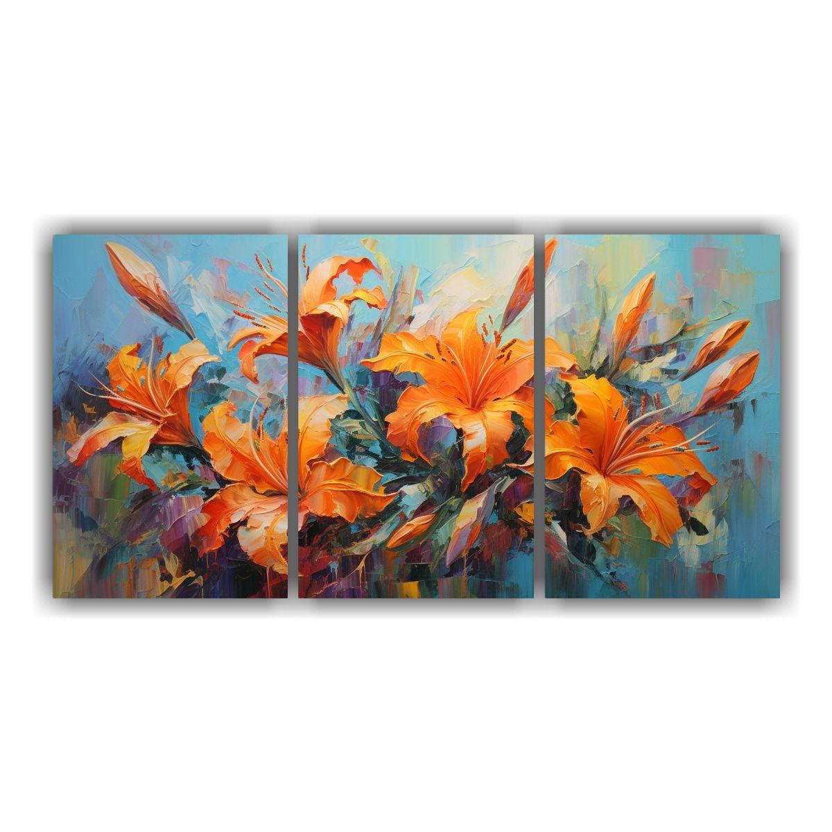 Pintura Floral Vibrante En Lienzo Con Tres Formas 150x75 Cm-0