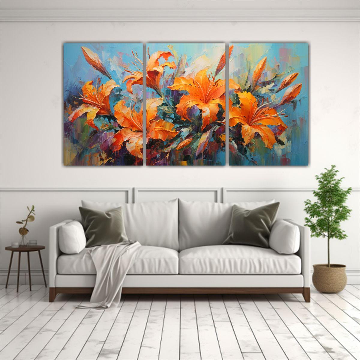 Pintura Floral Vibrante En Lienzo Con Tres Formas 150x75 Cm-2