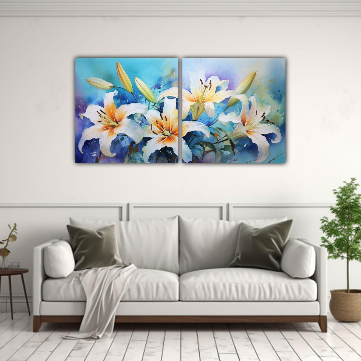 Pintura Abstracta En Colores Turquesa Con Lirios 140x70 Cm-2