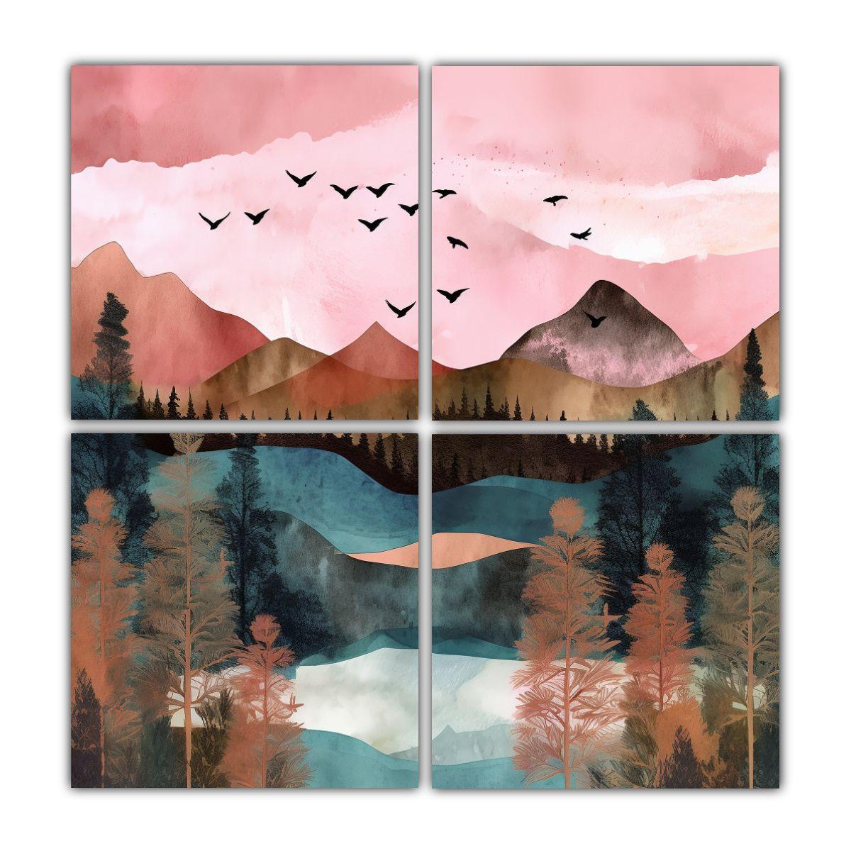 Paisaje Acuarela Lago De Montaña Cuatro Cuadros 40x40 Cm-0