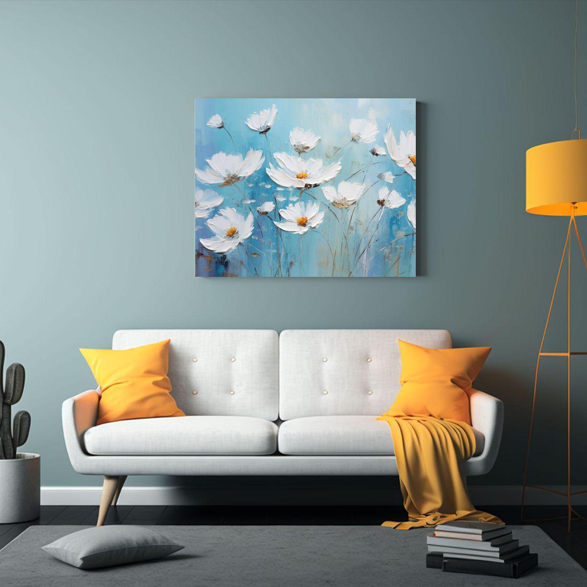 Pintura De Flores En Lienzo Blanco Y Azul: 30x20cm-2