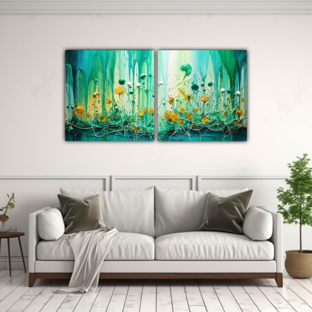 Dos Lienzos Simetría En Verde Y Dorado Estilo 120x60 Cm-2