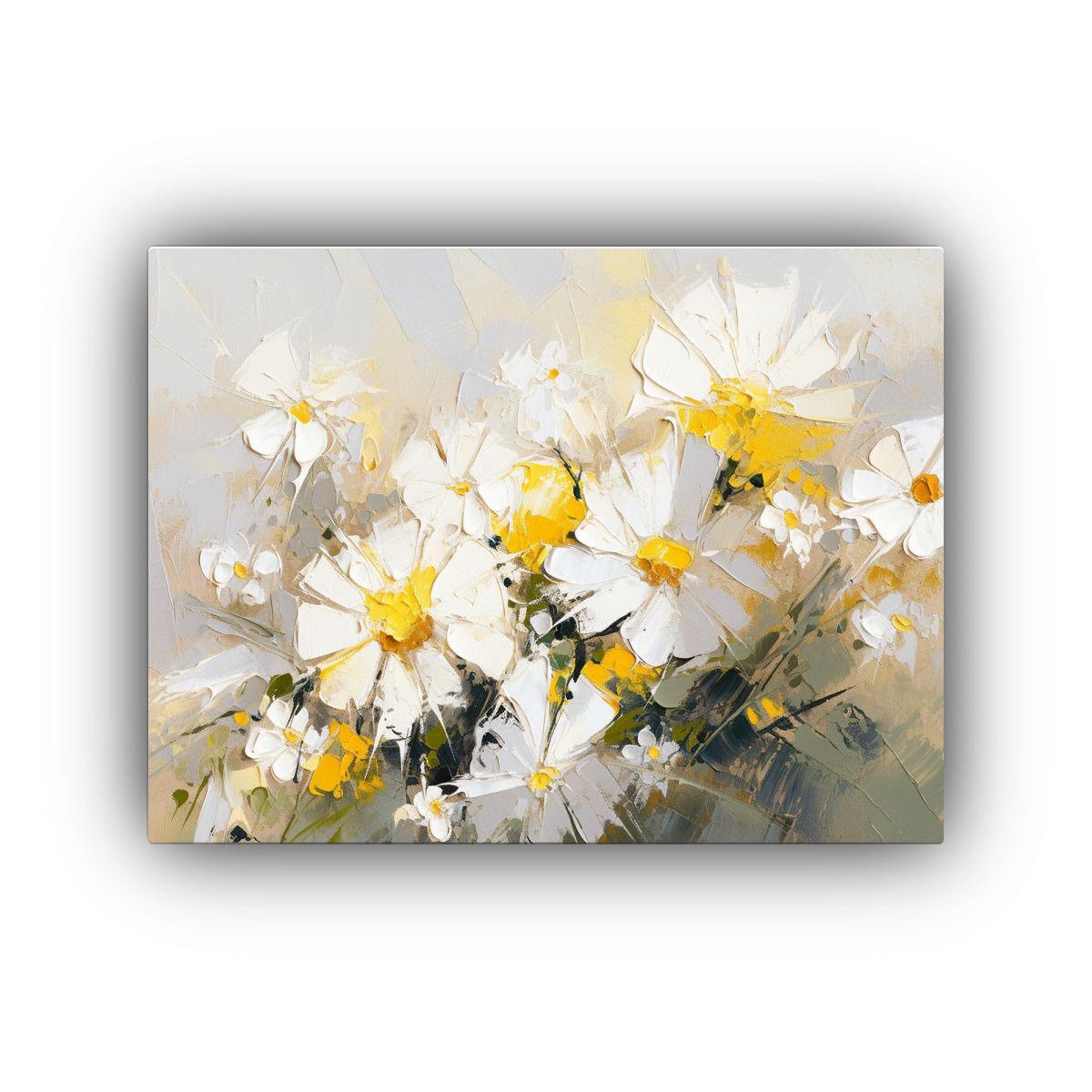 Pintura Flores Amarillo Y Blanco En Lienzo: Composición De  50x40cm-0