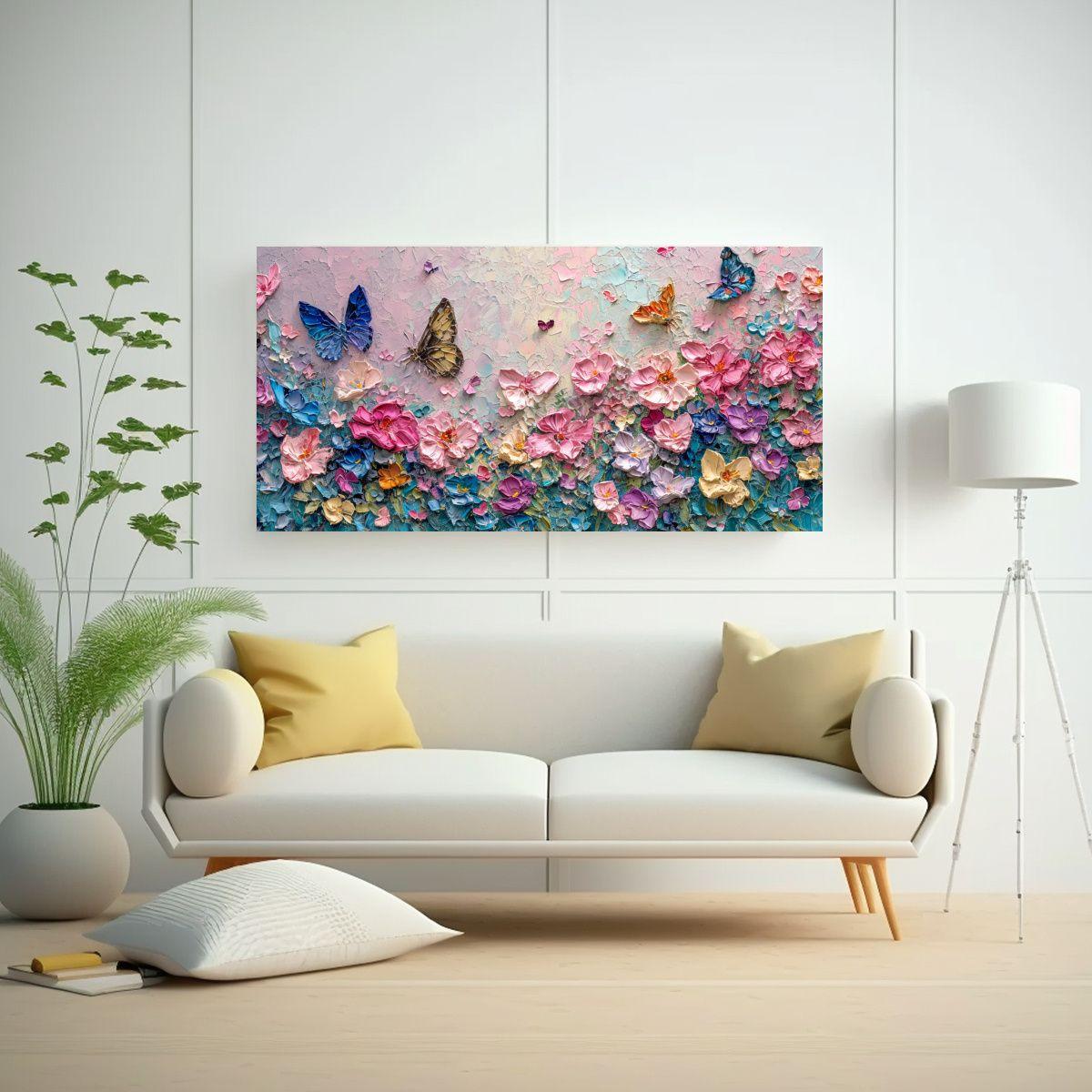 Lienzo Horizontal Con Mariposas Y Flores En Tonos 80x40cm-2