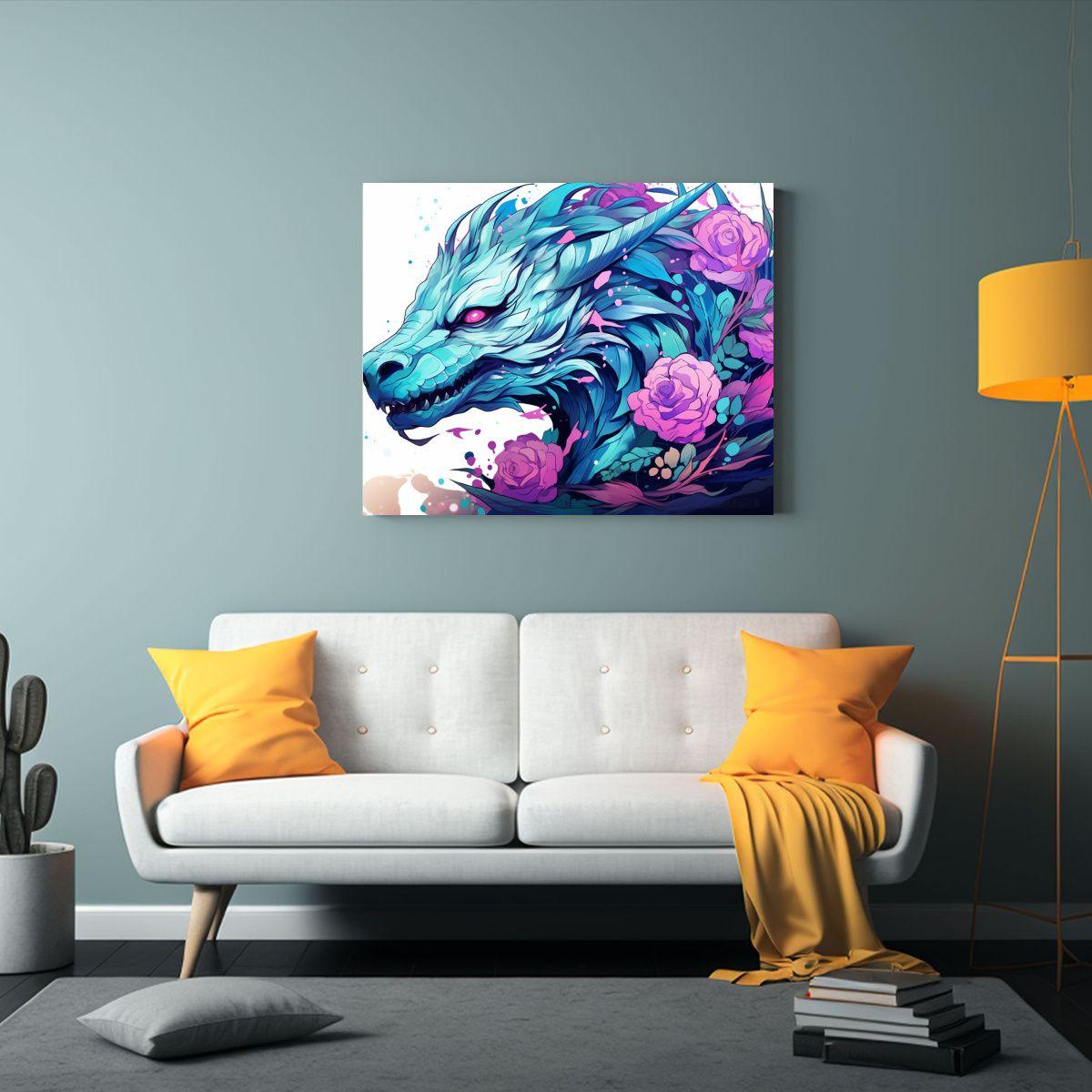Cuadro Bonita De Dragón Con Flores En Colores 65x50cm-2