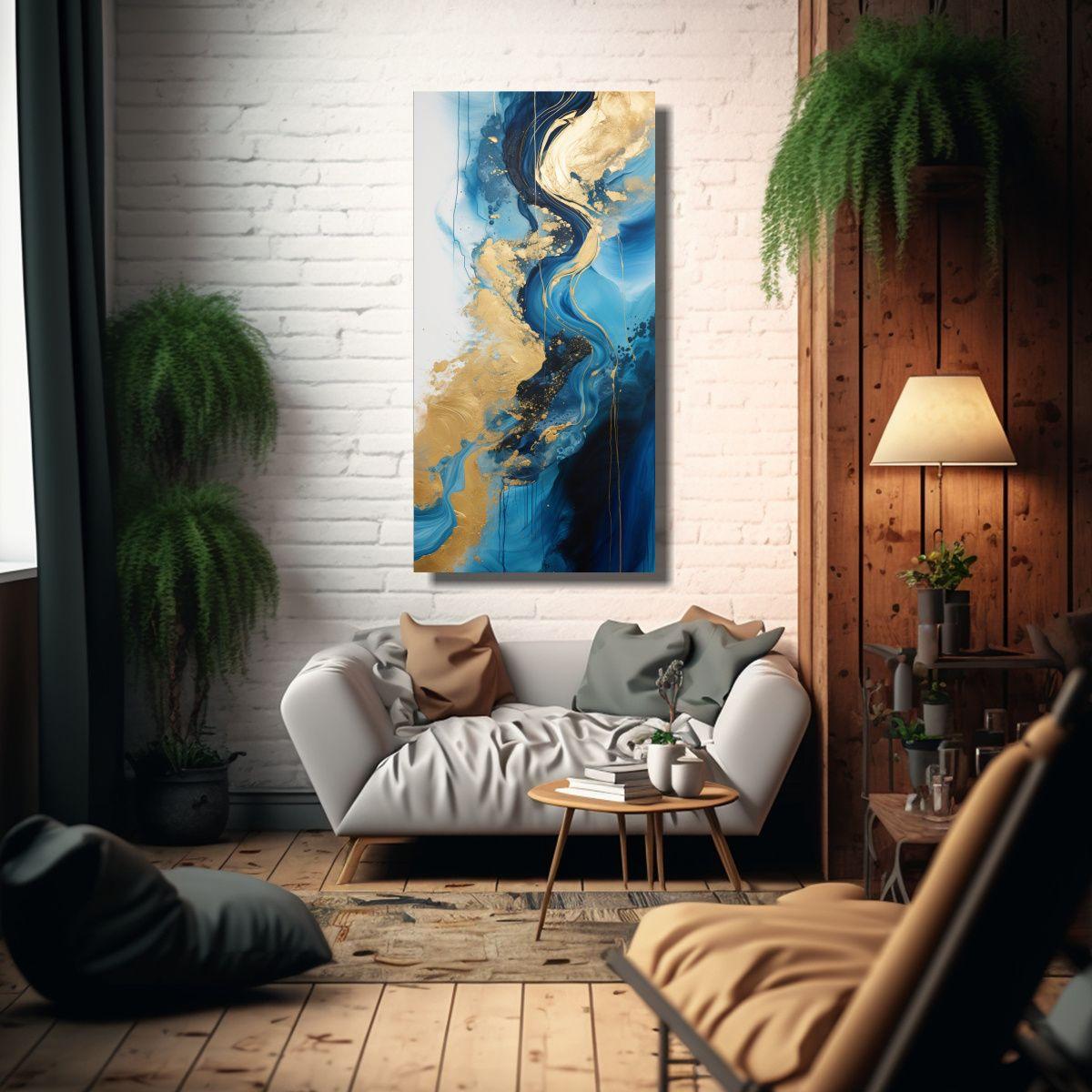 Pintura Abstracta De Río Y Montañas En Cuadro 40x80cm-2