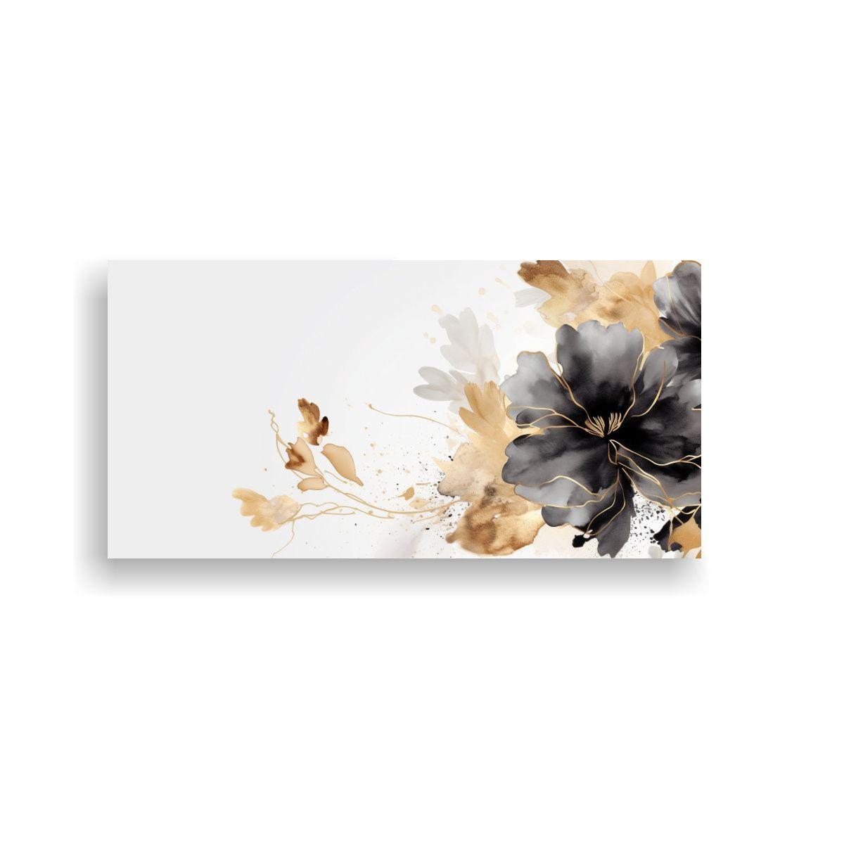 Cuadro Floral Abstracto Negro Y Dorado De Lujo. 120x60 Cm-0