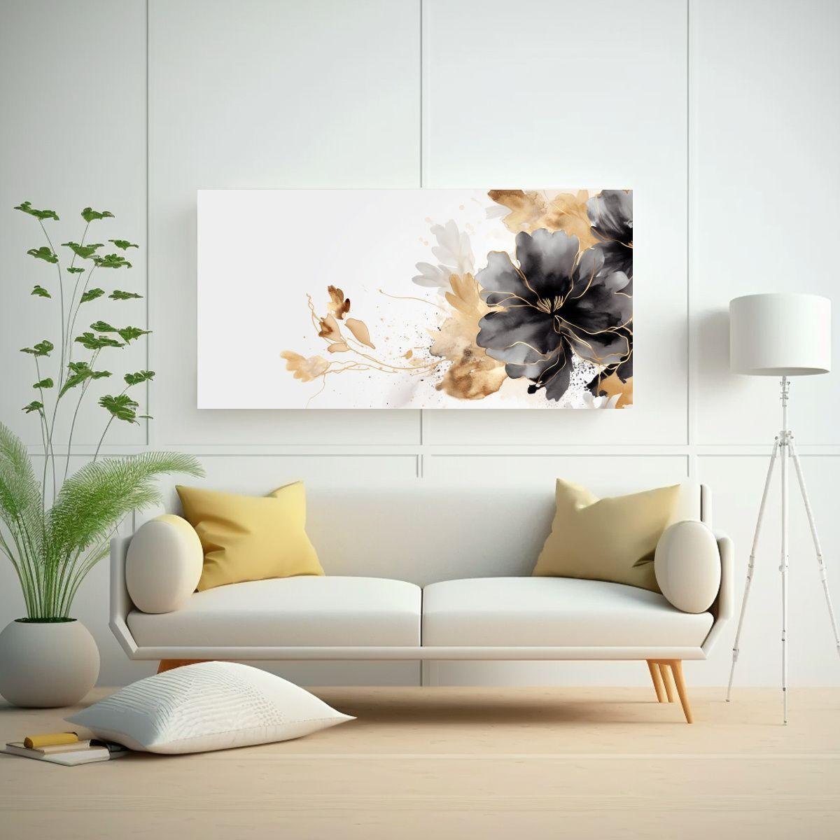 Cuadro Floral Abstracto Negro Y Dorado De Lujo. 120x60 Cm-2