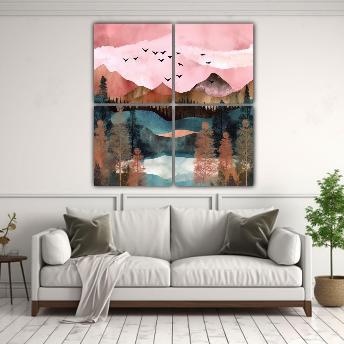 Paisaje Acuarela Lago De Montaña Cuatro Cuadros 60x60 Cm-2